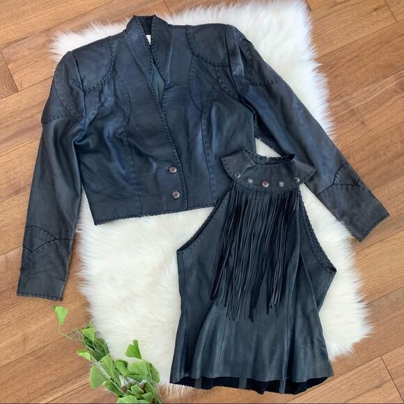 Vintage Jackets & Blazers - Gossamer Wings Navy Blue Vintage Leather Jacket Tank 2 Set Beaded Navajo Fringe